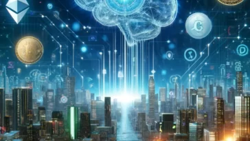 Ilustracja przedstawia konwergencję sztucznej inteligencji (AI) i kryptowalut jako sił transformacyjnych w sektorze finansowym